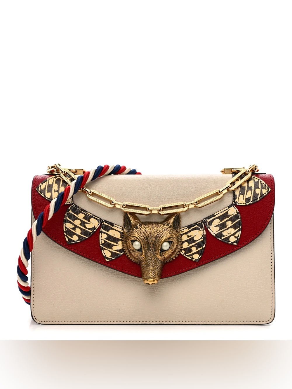 Gucci Goatskin and Snakeskin Fox Broche Shoulder Bag in Cream w/ Red Gold Accent